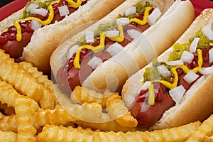 Hot Dogs Grilled in Buns and French Fries