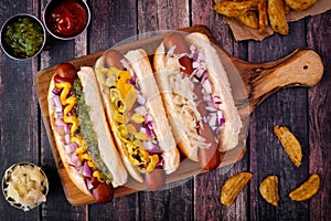 Hot dogs loaded with assorted toppings on a paddle board photo