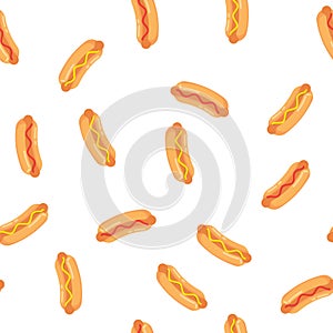 Hot dogs with sausage, tomato ketchup and mustard sauce seamless pattern. Pattern hot dogs on colored background.