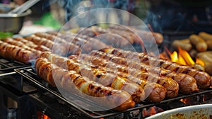Hot dogs sizzle on grill flames