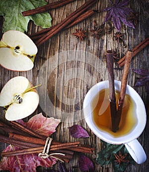 Hot drink apple tea, sider, punch with cinnamon stick, star anise and clove. Seasonal mulled drink.