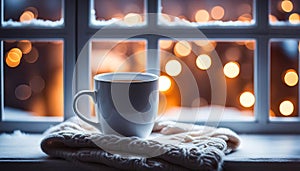 Hot drink by the beautiful winter window with glowing lights with copy space