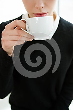 Hot drink coffee tea cocoa woman drinking beverage