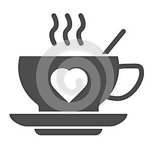 Hot drink cup and heart solid icon. Mug with love shape on saucer symbol, glyph style pictogram on white background