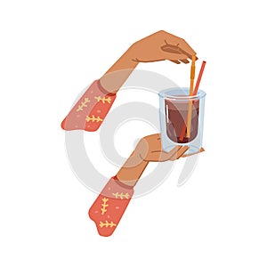 Hot drink in glass cup served with straw vector