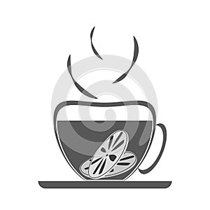 Hot drink with lemon in cup. Lemon tea for colds. Black silhouette on white background. Vector drawing.