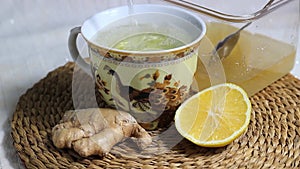 Hot Drink with lemon, ginger and honey. Prevention of colds.