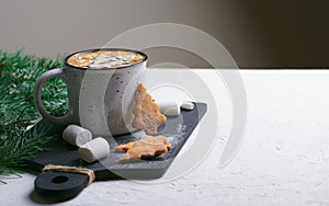 Hot Drink with Marshmallow and Christmas Cookies, Mug of Cocoa or Coffee Beverage