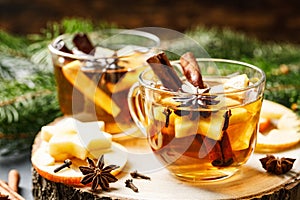 Hot drink, mulled cider or spiced tea or mulled white wine