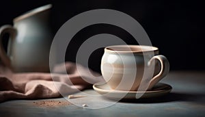 Hot drink in rustic pottery mug on table generated by AI