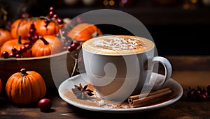 Hot drink on wooden table, autumn decoration generated by AI