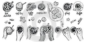 Hot drinks with holding hands top view, vector illustration. Set of hand drawn beverages.