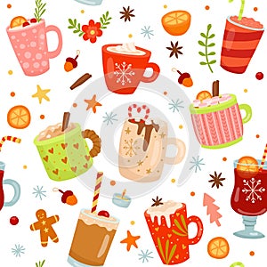 Hot drinks holiday pattern. Coffee and chocolate. Cocoa drink in mug, winter happy new year beverages. Gingerbread and