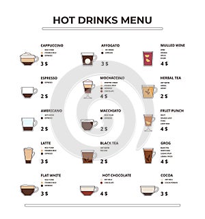 Hot drinks menu. Coffee, tea, hot chocolate and warming drinks ingredients scheme template for cafe vector illustration set