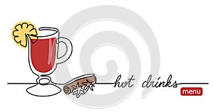 Hot drinks menu simple line vector banner, background with mulled wine doodle. Single line art illustration with