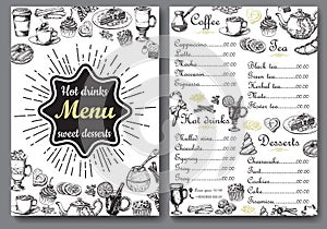 Hot drinks and sweet desserts A4 menu vector template