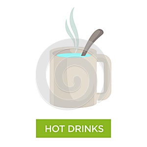 Hot drinks vector with mug of steamy healing beverage and a spoon