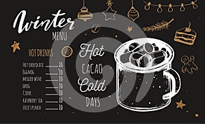Hot drinks Winter Menu. Design template includes different hand drawn illustrations and Brushpen Lettering. Beverages