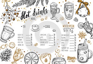 Hot drinks Winter Menu. Design template includes different hand drawn illustrations and Brushpen Lettering. Beverages, drinks