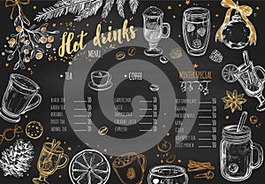 Hot drinks Winter Menu. Design template includes different hand drawn illustrations and Brushpen Lettering. Beverages, drinks