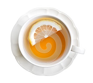 Hot earl grey tea with lemon slice top view isolated on white ba photo
