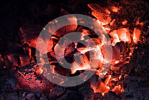 Hot Embers glowing and burning in stove. Close up