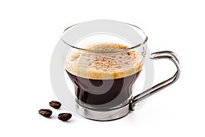 Hot espresso coffee glass and coffee grain isolated