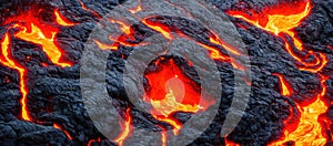 Hot fiery lava flowing on basalt, dark volcanic rock, 3d render