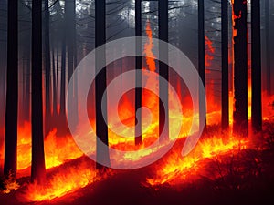 red hot fire burning forest , Ai Generated