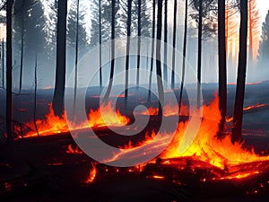 red hot fire burning forest , Ai Generated