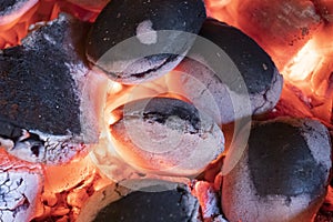 Hot fireplace full of wood. Real Flames from burning logs texture background. Fireplace background. Fire flame close up