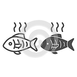 Hot fish line and glyph icon. Grilled fish vector illustration isolated on white. Fry seafood outline style design