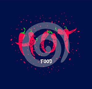 Hot food banner with text and red peppers on dark background. Flat style.