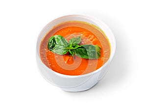 Hot food delivery - tomato gazpacho soup isolated