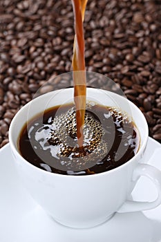 Hot fresh coffee pouring in cup