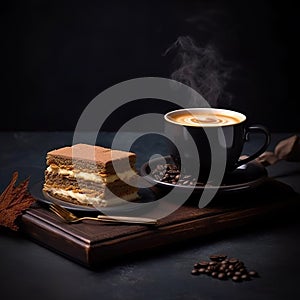 hot fresh espresso or americano coffee with biscuit cake with cream and chocolate, generative AI