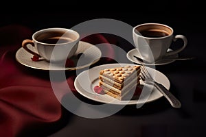 hot fresh espresso or americano coffee with biscuit cake with cream and chocolate, generative AI