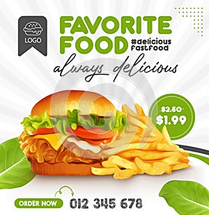 Hot and fresh Fried chicken burger with tasty fries social media poster