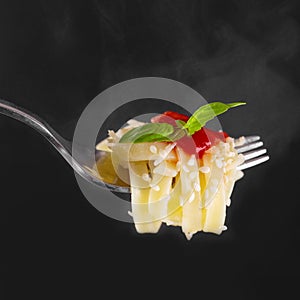 Hot fresh pasta on a fork with ketchup and basil leaf