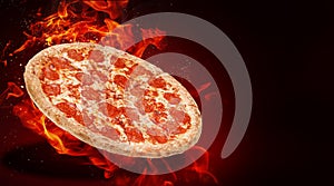 Hot fresh traditional italian pizza in flames