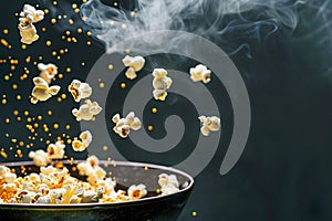 Hot, freshly popped popcorn pops out of the pan with steam.