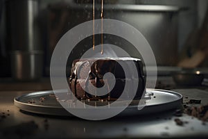 Hot Fudge Being Poured Onto Freshly Baked Chocolate Cake