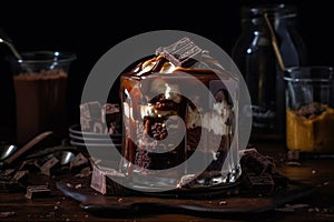 Hot fudge brownie sundae served in glass bowl with a scoop of vanilla ice cream. AI generated