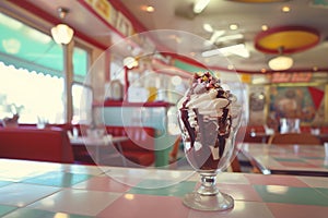 A hot fudge sundae in a retro diner.