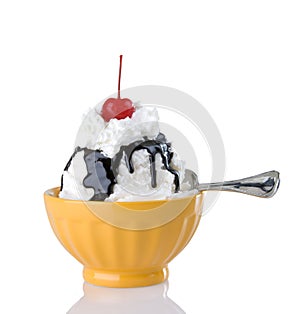 Hot Fudge Sundae In Yellow Bowl