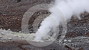 Hot gas and water vapor from fumarole in rocky terrain on Mt Asahi