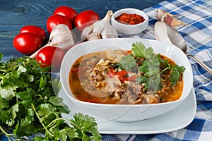 Hot Georgian cuisine soup kharcho with lamb