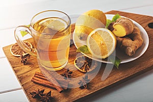 Hot ginger tea with lemon. flu cold season drink