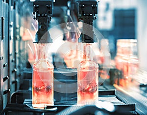 Hot glass bottles on the conveyor