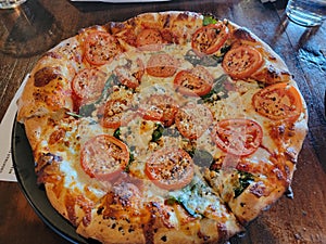 goat cheese tomato and basil pizza on table